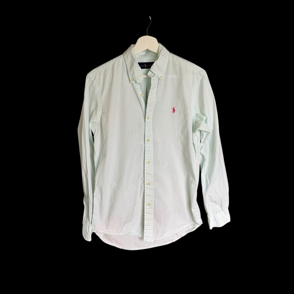 Ralph Lauren Mint Green and White Striped Button-Up Shirt Small Distressed Faded